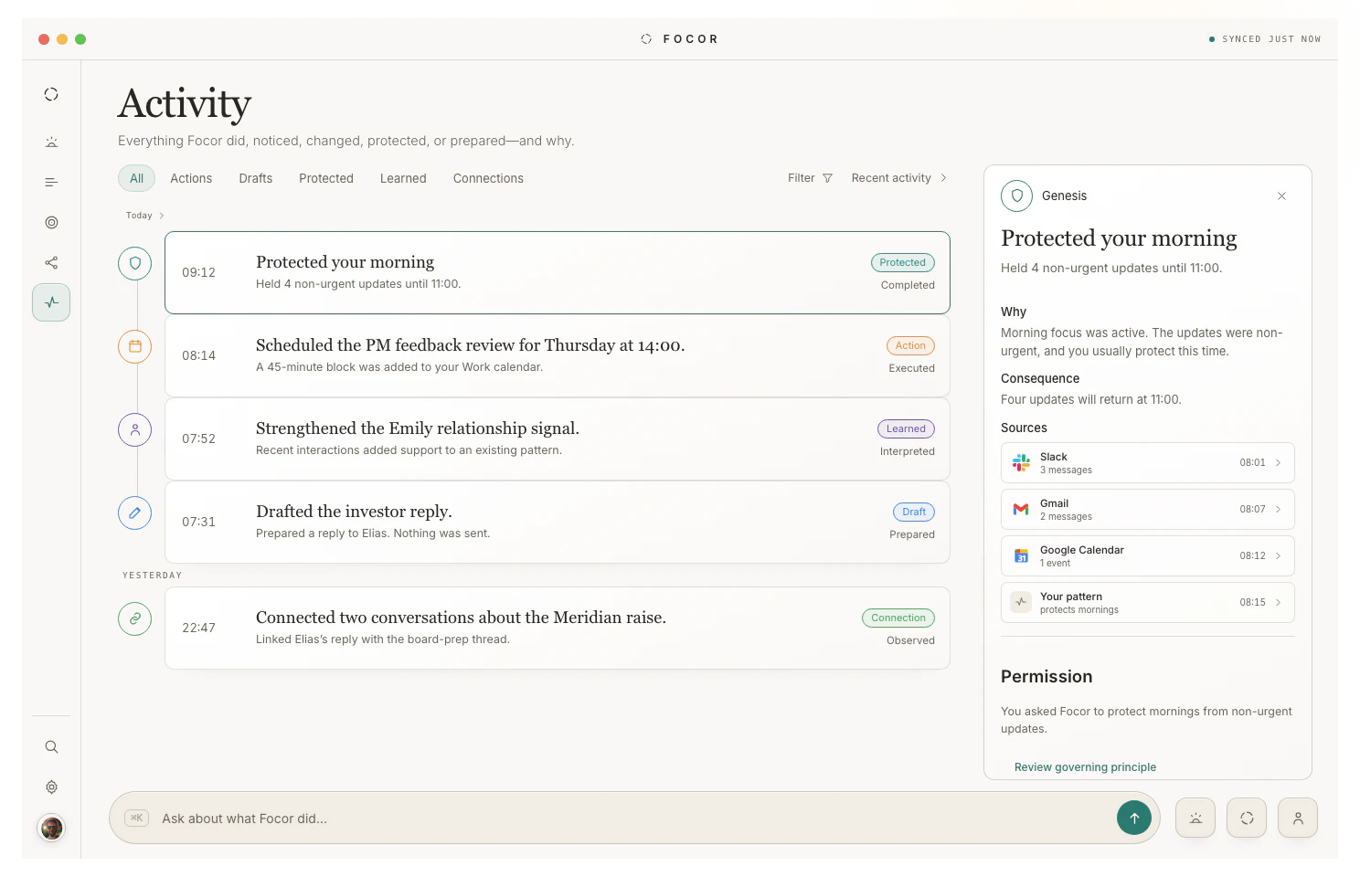 The Focor Activity record: a chronological timeline of protected, handled, and learned events, each carrying its Genesis