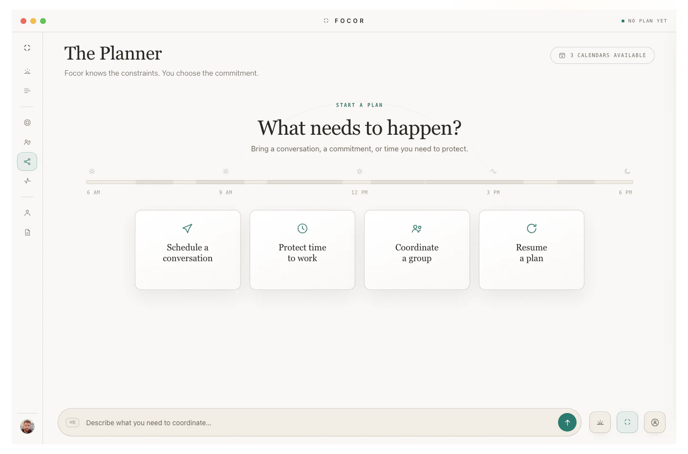 The Focor Planner: a protected focus block with its objective, a conflict explained, and one alternative
